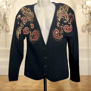 Vintage 80s Marisa Christina Cardigan Sweater Black Lambs Wool Angora Sequins